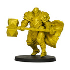 Vallejo True Metallic Metal Airbrush: Radiant Yellow (18ml) - Yellow-painted armored fantasy warrior miniature holding a large hammer and shield on a black base.