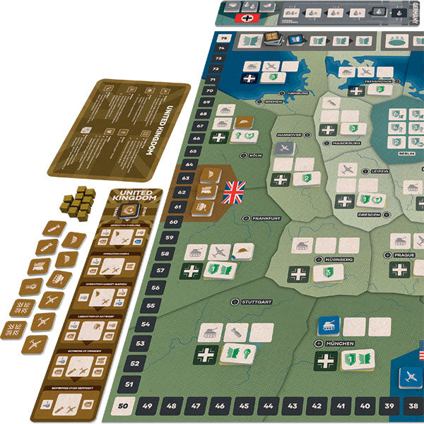 WunderWaffen (PREORDER) - War strategy board game with a green map featuring military icons, wooden tokens, and detailed cards for gameplay.