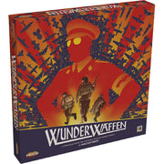 WunderWaffen (PREORDER) - Box cover for WunderWaffen board game featuring a large red silhouette of a soldier with glowing yellow eyes, surrounded by.
