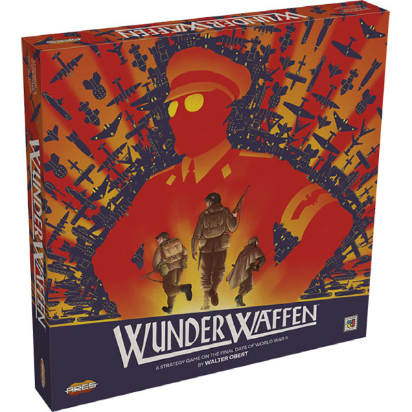 WunderWaffen (PREORDER) - Box cover for WunderWaffen board game featuring a large red silhouette of a soldier with glowing yellow eyes, surrounded by.
