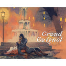 Grand Guignol - Book cover showing two figures in dark clothing by an icy fountain with glowing lanterns and a bare tree in a dimly lit.