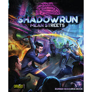 Shadowrun: Mean Streets - Runner Resource book - Dark-themed RPG book cover with neon blue "Shadowrun Mean Streets" title and an intense urban fantasy battle scene.