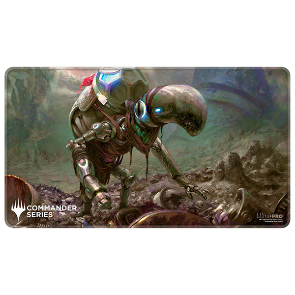 Playmat: MTG Stitched - Urtet, Remnant of Memnarch - MTG playmat featuring a dark, sci-fi robot figure with blue glowing eyes in a rocky, misty landscape, stitched edges.