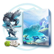 Tidal Blades 2: Deluxe Edition Miniatures Set (PREORDER) - Detailed blue and gray fantasy miniatures with sword and claw weapons, displayed next to colorful game box and tokens.
