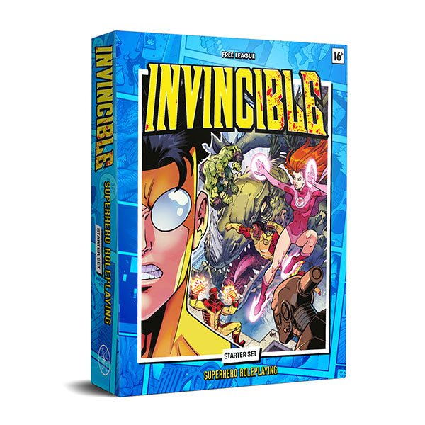 Invincible - Superhero RPG: Starter Set (PREORDER) - Colorful comic book style cover featuring a superhero with glasses and three action-packed characters on a blue background.