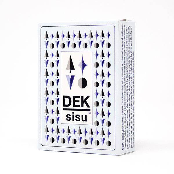 DEK Playing Cards: sisu (PREORDER) - White playing card box with black and blue geometric shapes and text reading DEK sisu on front.