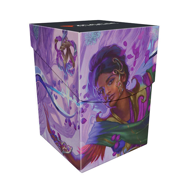 UltraPro Deckbox: 100+ MTG- Aetherdrift- Avishkar Living Energy - Purple and lavender Magic The Gathering deckbox featuring a female character with dark hair wrapped in green cloth,.