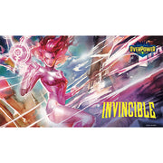 OverPower CCG Premium Playmat: Invincible - Atom Eve (PREORDER) - Rectangular gaming playmat featuring vibrant pink and purple superheroine Atom Eve with glowing energy orbs, dynamic.