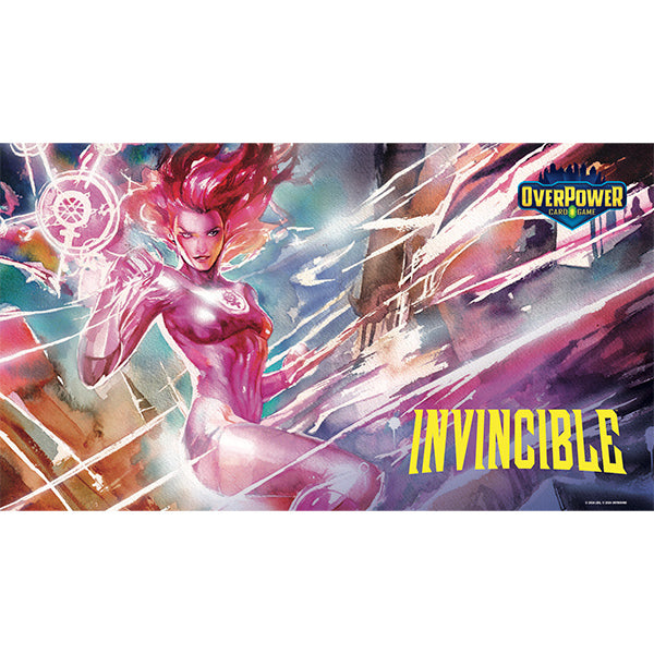 OverPower CCG Premium Playmat: Invincible - Atom Eve (PREORDER) - Rectangular gaming playmat featuring vibrant pink and purple superheroine Atom Eve with glowing energy orbs, dynamic.