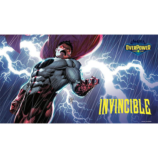 OverPower CCG Premium Playmat: Invincible - Omni-Man (PREORDER) - Rectangular playmat featuring a muscular superhero in gray and red with lightning and a dark purple cape, "Invincible" text.