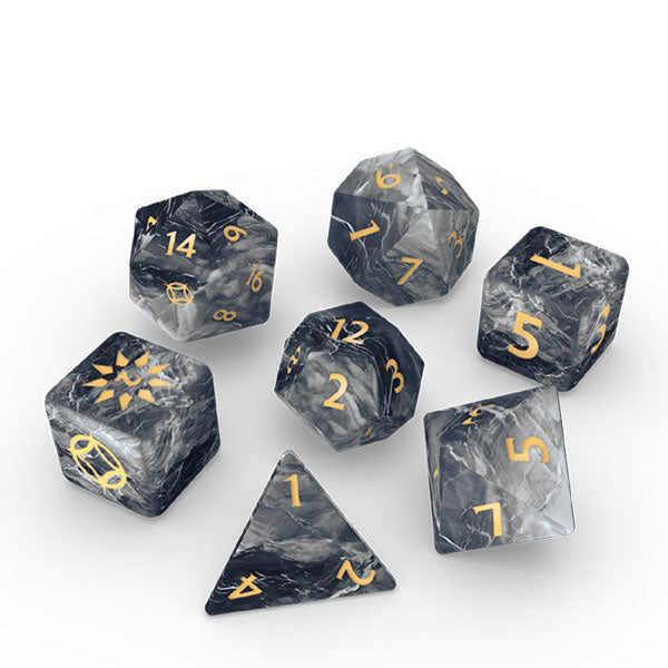 Cosmere RPG: Mistborn Basic Dice Set (PREORDER) - Seven dark gray marbled polyhedral dice with gold numbers, including d20, d12, d10, d8, d6, d4, and percentile die.