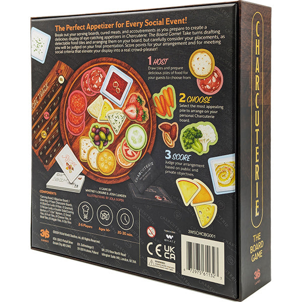 Charcuterie: The Board Game (PREORDER) - Black game box with colorful charcuterie board illustration featuring meats, cheese, and crackers on the back under the.