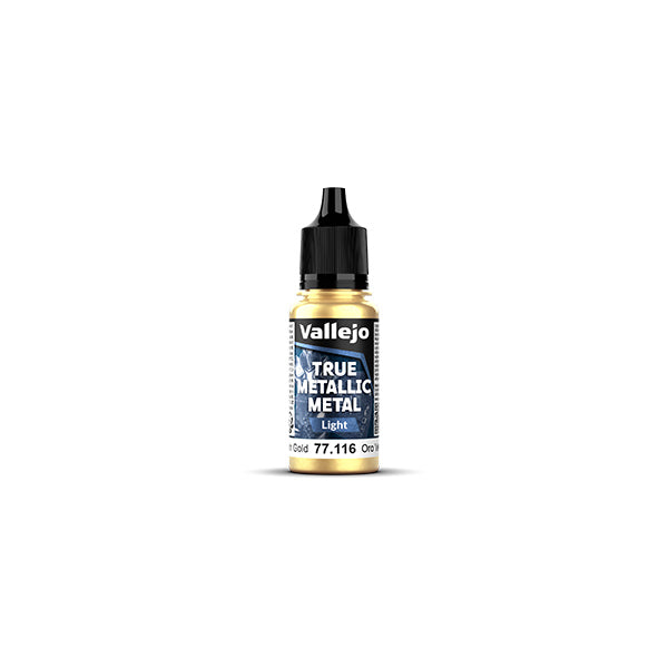 Vallejo True Metallic Metal Light: Greenish Gold (18ml) - Small plastic bottle of Vallejo True Metallic Metal Light paint in greenish gold with a black dropper cap and blue-white.