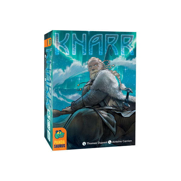 Knarr (PREORDER) - Board game box featuring a Viking warrior in armor wielding a sword under a cloudy blue sky.