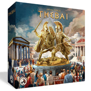 Thebai - Board game box featuring two golden ancient Greek warriors in helmets and armor on a pedestal, surrounded by a crowd and.