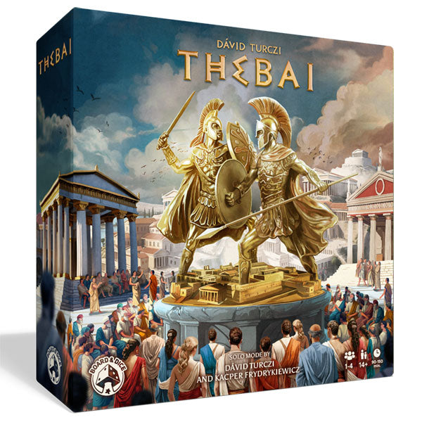 Thebai - Board game box featuring two golden ancient Greek warriors in helmets and armor on a pedestal, surrounded by a crowd and.