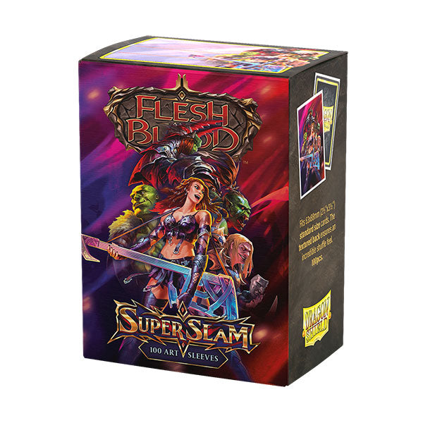 Dragon Shield Art Sleeves 100ct - Flesh & Blood Super Slam - Box of 100 Dragon Shield art card sleeves featuring vibrant Flesh & Blood Super Slam fantasy artwork.