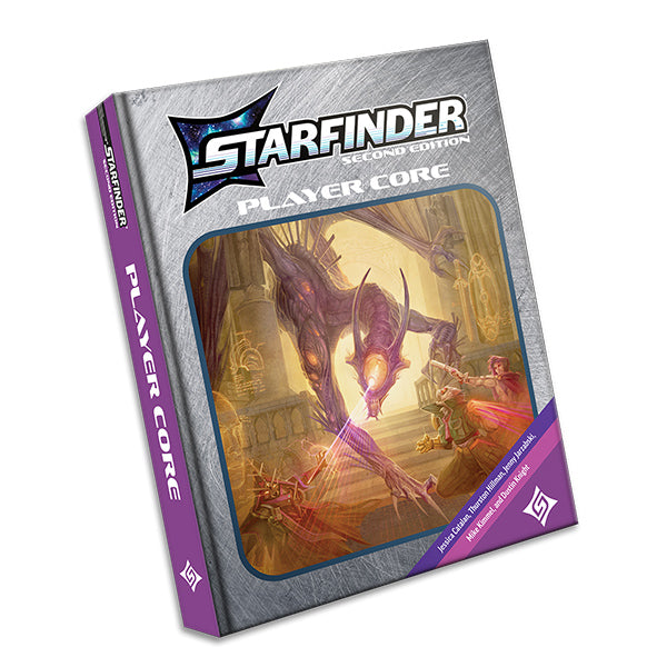 Starfinder 2E: Starfinder Player Core, Retailer Cover Edition - Gray hardcover book with purple spine titled Starfinder Player Core featuring sci-fi alien combat artwork on the cover.