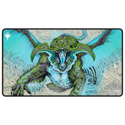 MTG Playmat - Tarkir: Dragonstorm - Ureni, the Song Unending - Black Stitched - MTG playmat with black stitched edges featuring a blue and green dragon with large wings and intricate markings against a.