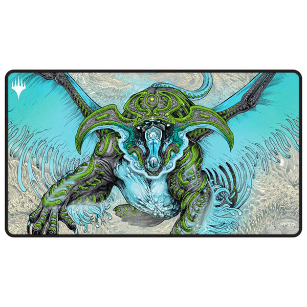MTG Playmat - Tarkir: Dragonstorm - Ureni, the Song Unending - Black Stitched - MTG playmat with black stitched edges featuring a blue and green dragon with large wings and intricate markings against a.