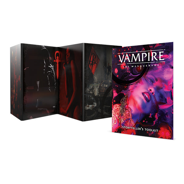 Vampire: The Masquerade 5th Edition: Storyteller's Screen & Toolkit (PREORDER) - Black fold-out storyteller screen with red gothic designs and a vibrant purple and pink illustrated toolkit book featuring a