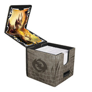 Alcove Edge Deckbox - Tarkir Dragonstorm - Betor, Kin to All - 100+ - Gray textured deckbox with a black dragon emblem and hinged lid featuring fiery dragon artwork, holding over 100 cards.