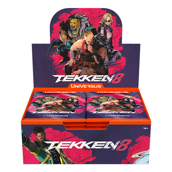 UniVersus CCG: Tekken 8 Booster Display (PREORDER) - Open display box with vibrant purple and red design featuring Tekken 8 characters, containing multiple booster packs for.