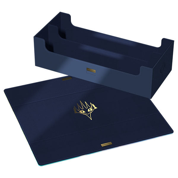 Ultimate Guard Arkhive 1000+ Xenoskin Deckcase: Lorwyn Eclipsed - Dark blue rectangular deck case and lid with smooth matte finish, featuring a gold stylized crown logo on the lid center and