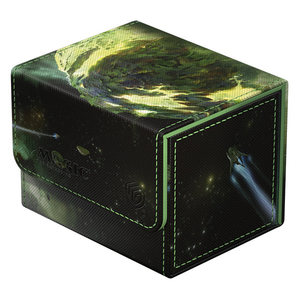 Ultimate Guard Sidewinder 100+ Xenoskin: Magic the Gathering: Edge of Eternities - Hissing Quagmire - Black rectangular card deck box with green and yellow swamp-themed artwork and neon green stitching.