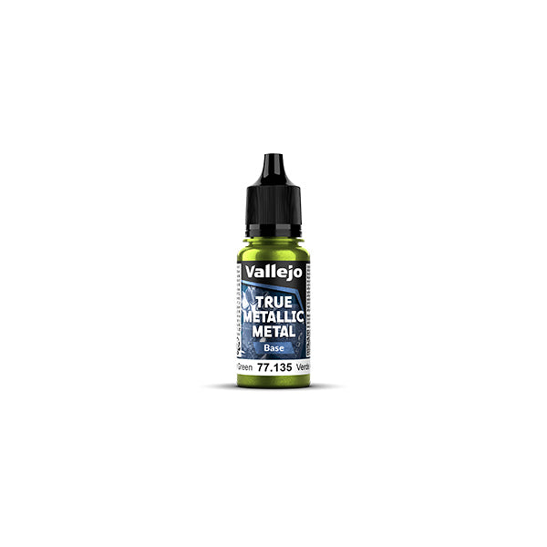Vallejo True Metallic Metal Base: Amber Green (18ml) - Small plastic paint bottle with black cap, labeled Vallejo True Metallic Metal Amber Green 18ml.