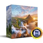 Earth - Earth strategy board game box with waterfall and mountain sunset landscape design.