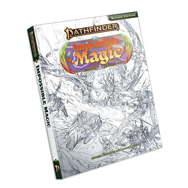 Pathfinder 2E: Impossible Magic, Sketch Edition (PREORDER) - Pathfinder Impossible Magic Sketch Edition hardcover book with black-and-white fantasy line art and colorful title logo on.