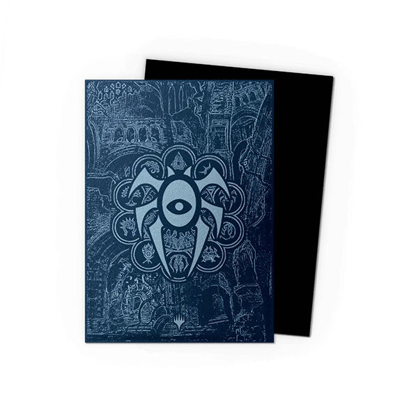 Dragon Shield Dual Sleeves 100ct Box - MTG Guildpact Series - House Dimir (PREORDER) - Blue card sleeves with intricate dark patterns and a central emblem resembling a stylized eye and tentacles, paired with.