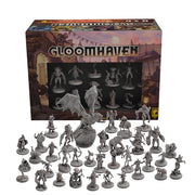 Gloomhaven: Miniatures - Gloomhaven Core Set (PREORDER) - Detailed gray plastic miniatures featuring various fantasy characters and creatures arranged in front of a colorful.