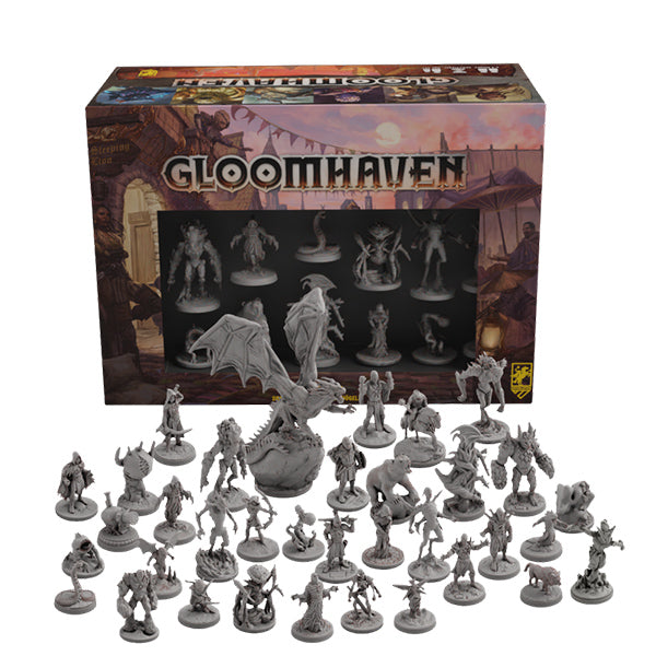 Gloomhaven: Miniatures - Gloomhaven Core Set (PREORDER) - Detailed gray plastic miniatures featuring various fantasy characters and creatures arranged in front of a colorful.