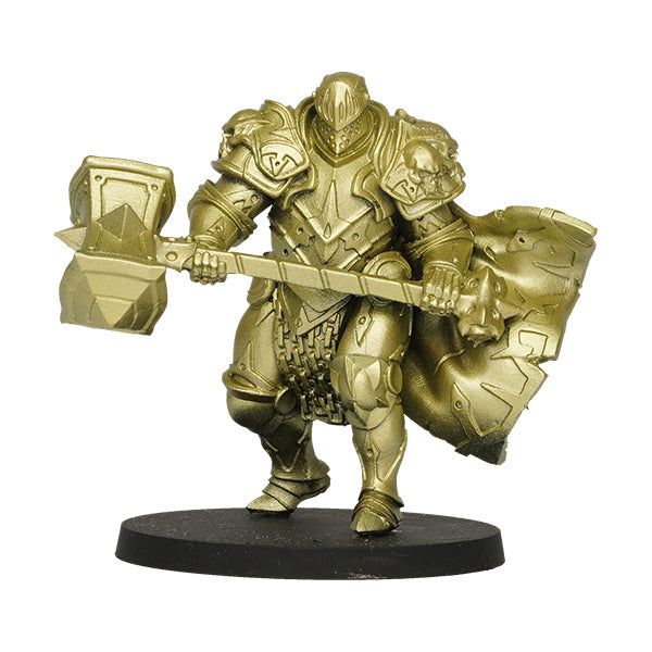 Vallejo True Metallic Metal Light: Greenish Gold (18ml) - Metallic gold-green painted miniature knight holding a large ornate hammer on a black base.