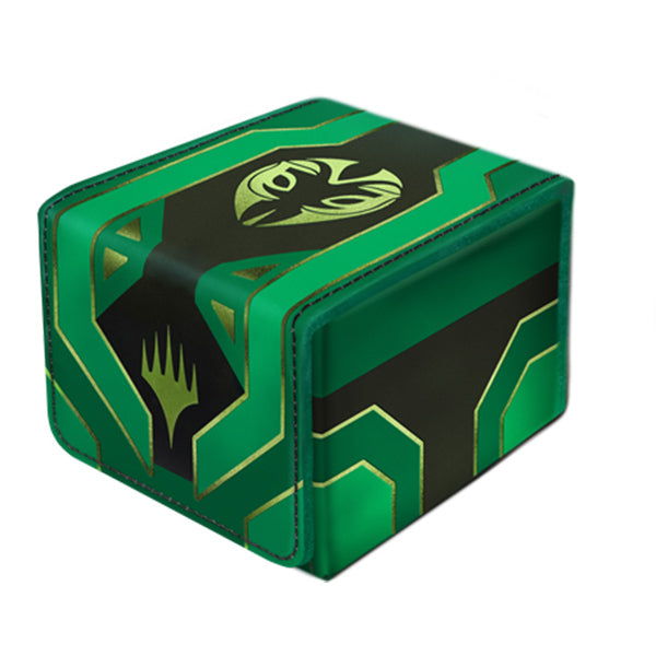 Gatherers' Tavern Domaru Deck Box: Magic the Gathering: Edge of Eternities - Eumidians - Green and black rectangular deck box with gold geometric accents and a stylized emblem on top.
