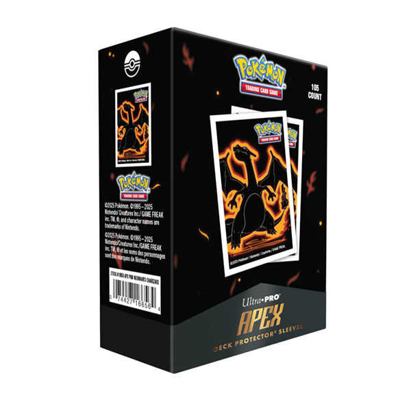 Apex Deck Protectors - Pokémon Neon Kanto - Charizard (105ct) - Black box of Apex Deck Protectors featuring glowing orange Charizard silhouette and Pokémon Neon Kanto logo, 105 sleeves.