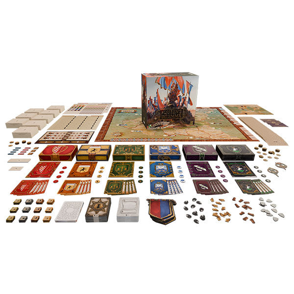 The Queen's Dilemma (PREORDER) - Strategy board game set with a detailed map, colorful cards, tokens, wooden pieces, and a vibrant box featuring medieval.
