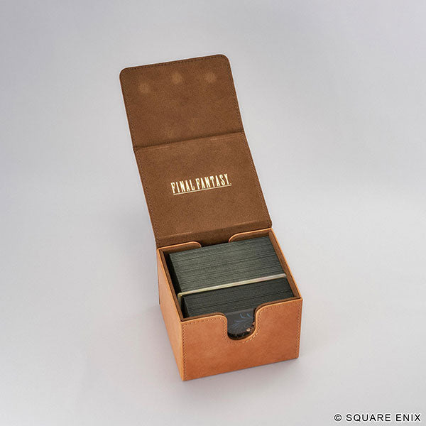 Square Enix Deck Case: Final Fantasy XIV - Vivi (PREORDER) - Brown leather deck box with gold "Final Fantasy" logo on inside lid, open showing stacked cards inside.