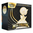 Pokémon TCG: Mega Evolution - Mega Gardevoir ex Elite Trainer - Black and gold Pokémon TCG Elite Trainer box featuring Mega Gardevoir silhouette and "Mega Evolution" text.