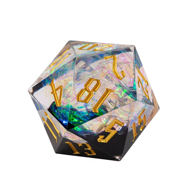 33mm Clear & Black Shimmer D20 - 33mm clear d20 dice with black shimmer base and gold numbers.