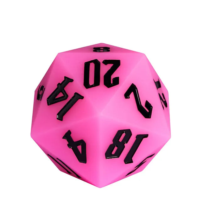 Giant Bouncy D20 - Glow In The Dark Pink - Large pink 20-sided bouncy die with bold black numbers, glow-in-the-dark finish.