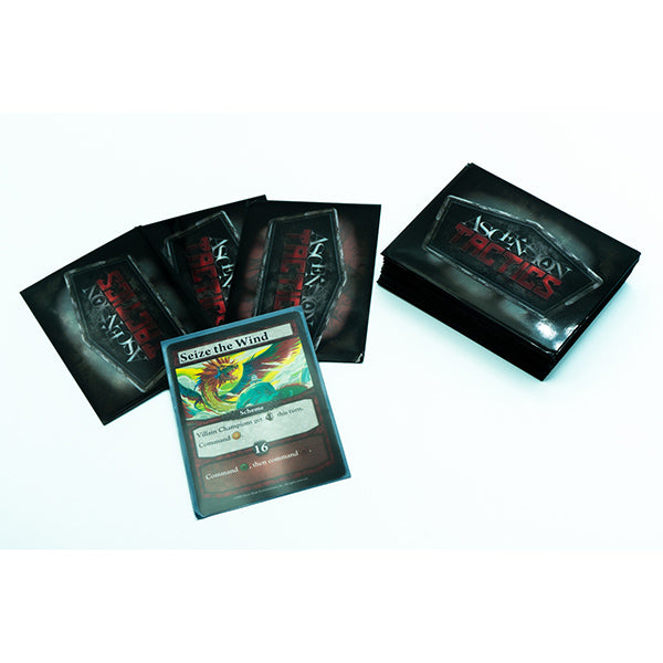 Ascension Tactics - Deck Protectors (PREORDER) - Black card sleeves with red and white "Ascension Tactics" logo and artwork, rectangular deck box with matching design.