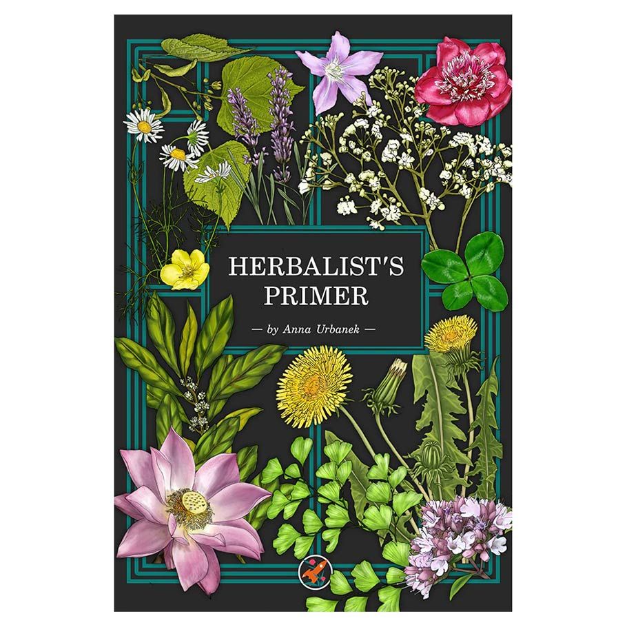 Herbalist's Primer - Black book cover with colorful detailed illustrations of various herbs and flowers surrounding white text reading.