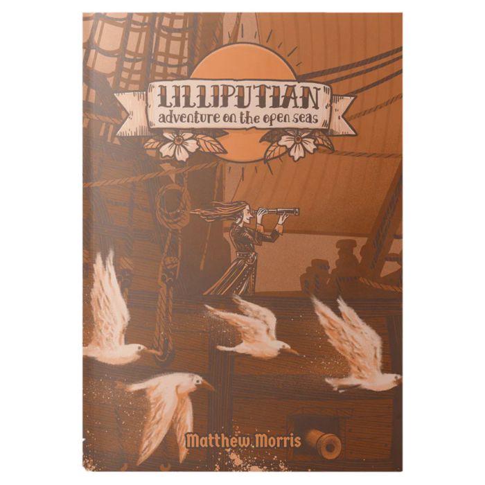Lilliputian: Adventure on the Open Sea - Adventure on the Open Sea" featuring vintage nautical illustration with seagulls and ship rigging.