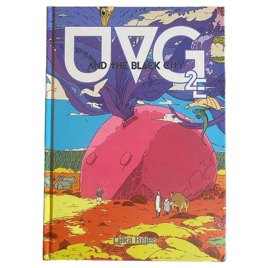 Ultraviolet Grasslands Second Edition - Hardcover book with vibrant purple and pink alien landscape, featuring a large purple flower growing from a pink rock, two.
