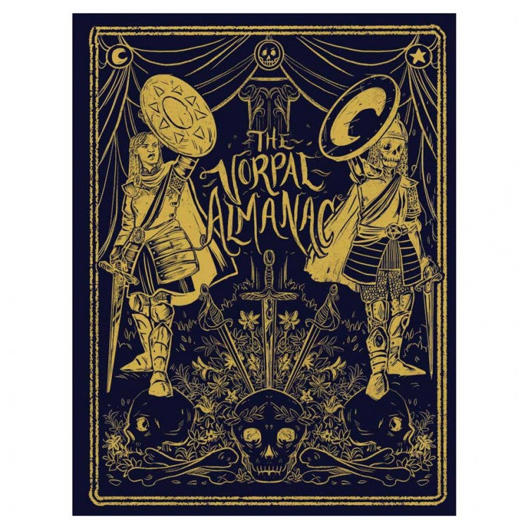 The Vorpal Almanac - Black cover of The Vorpal Almanac with intricate gold line art featuring two armored figures holding large blades,.