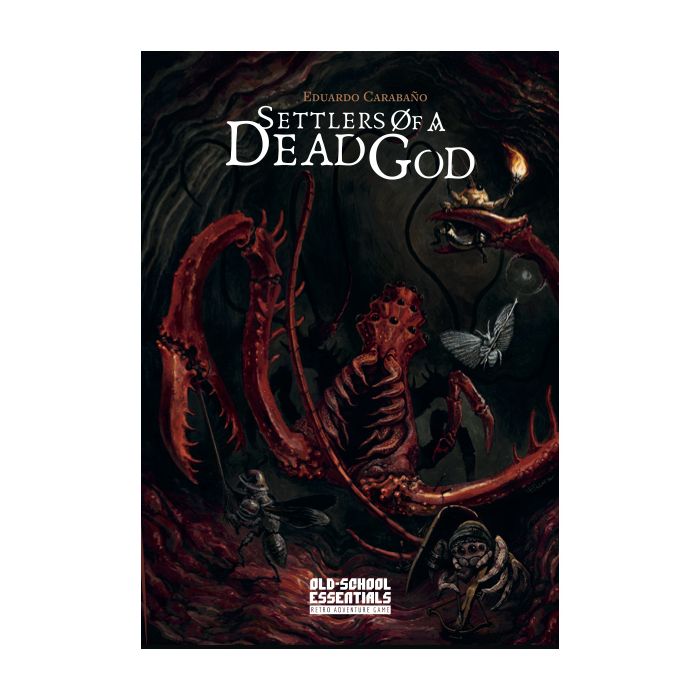 Old-School Essentials: Settlers of a Dead God - Dark fantasy RPG book cover featuring a red skeletal kraken with tentacles and glowing eyes swirling around a castle and a.