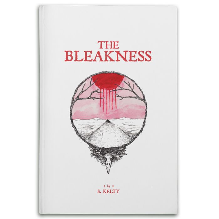 The Bleakness RPG - White book cover with red title "The Bleakness," featuring a circular illustration of a barren landscape with leafless.
